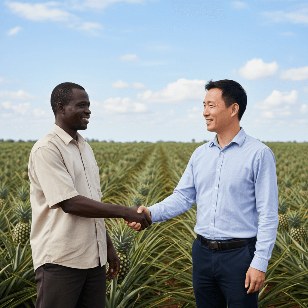 Investisseurs et partenaires étrangers dans une plantation d'ananas au Bénin